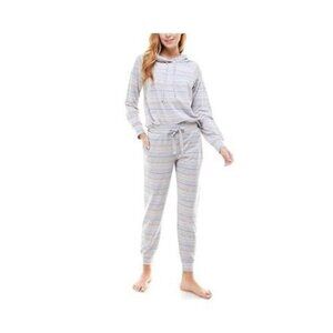 Roudelain Lounge Set Womens Size XL Gray Stripe Hooded Knit Pajamas Sleepwear